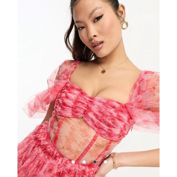 Lace and Beads ASOS Off Shoulder Tulle Corset Maxi Dress Tiered Floral - Picture 2 of 16